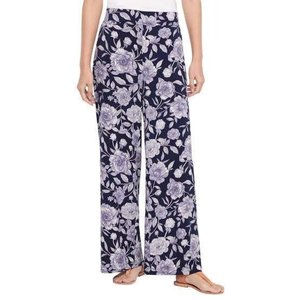 Liquid Knit Navy Blue Sketched Floral Wide Leg Comfort Pull Pants Pockets XL